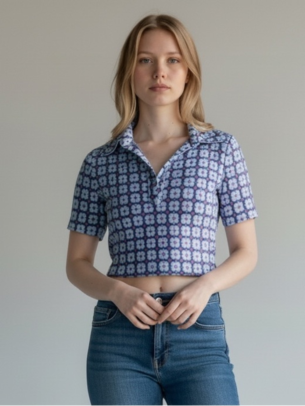 Zara Blue Patterned Cropped Polo Top